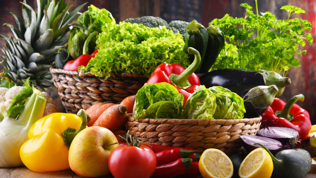 Composition with assorted organic vegetables and fruits